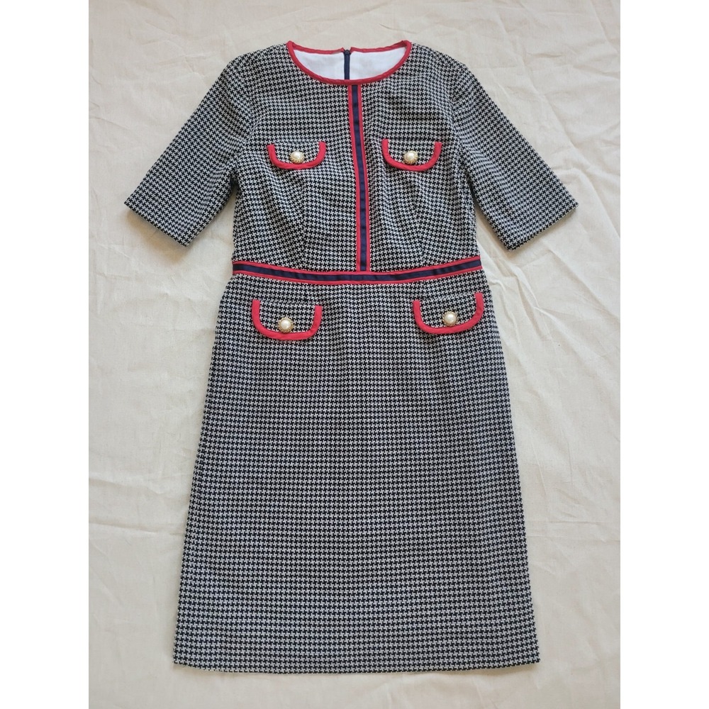 Vintage Handmade Tweed Kate Dress Elegant Classic Black‎ White Red Trim Size M